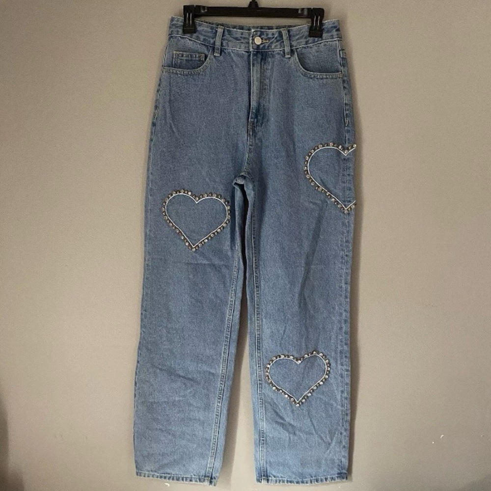 Cider High Rise Jeans Women Small Wide Leg Rhinestone Heart Embellishments Denim